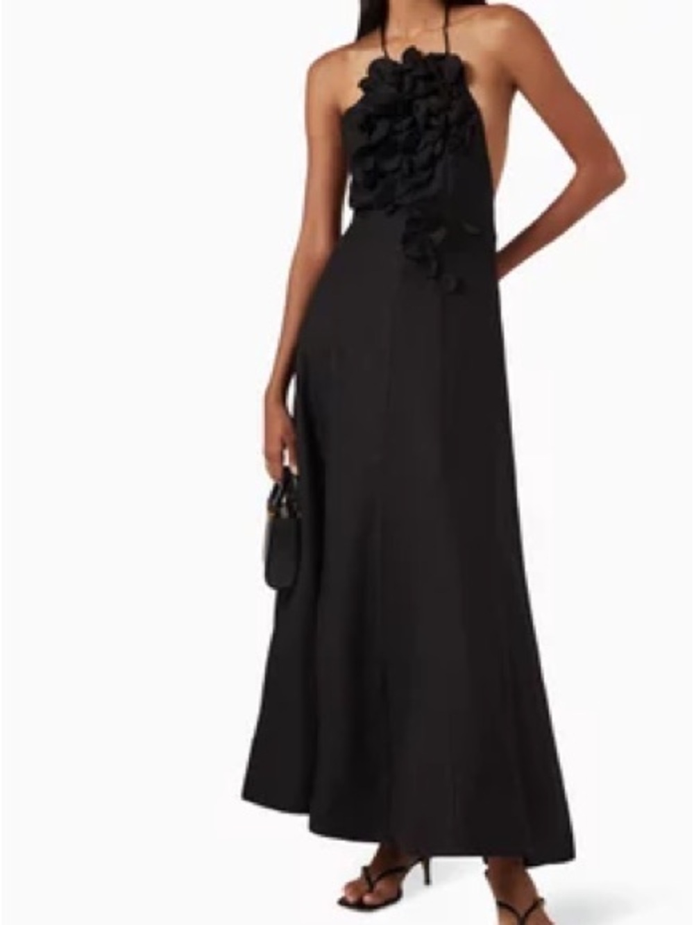 Cotton/•Linen Blend Black Halter Maxi Dress with Floral Applique